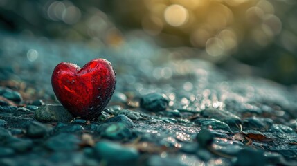  a red heart shaped object sitting on top of a pile of green and blue rocks next to a body of water.