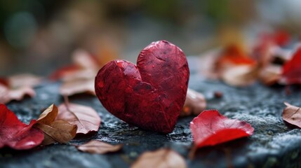 Sticker -  a close up of a heart shaped object on a surface with leaves on the ground and a blurry background.