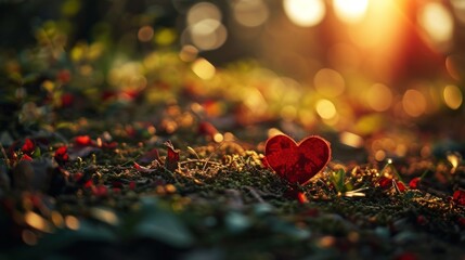 Sticker -  a red heart sitting on top of a patch of grass with the sun shining through the trees in the background.