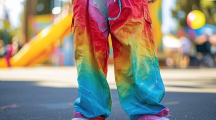 Canvas Print -  a person standing on a skateboard in front of a playground, wearing colorful pants and shoes The background is slightly blurred, giving the image a dreamy feel