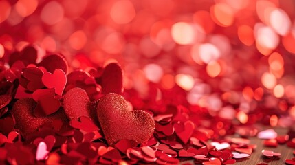 Poster -  a pile of red hearts sitting on top of a wooden table next to a pile of red confetti.