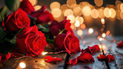 Canvas Print -  a bunch of red roses sitting on top of a wooden table next to a candle and a bunch of lights.