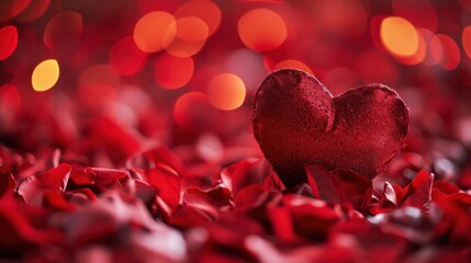 Wall Mural -  a close up of a red heart on a bed of red petals with boke of lights in the background.