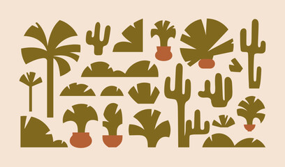 Poster - Palm trees, cactus, tropical plants set. Abstract exotic jungle leaves. Green leaf, cacti, frond. Natural greenery, design elements, simple botanical bundle. Isolated flat vector illustrations