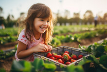 Little Girl Picking Strawberry On A Farm Field