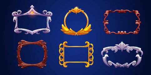 Poster - Fantasy decoration game ui frame for avatar or menu banner. Golden, wooden and silver round and rectangular border with curling edges. Cartoon vector illustration set of medieval interface design deco