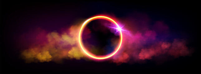 Poster - neon luminous ring frame with pink and orange gradient cloud or smoke and sparkle. realistic vector 