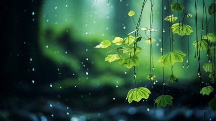 Wall Mural - green forest, dew drops and wet rain on young leaves and shoots in the depths of the green forest of the wild