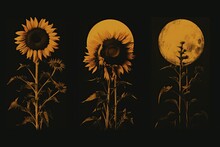 A Shining Moon Beside Three Sunflowers. Night. A Sunflower Is Fading. Moon Represented As A Sunflower. Full Moon Is Highlighted On Sunflowers. Dark Yellow, Black Background. Sunflower Blossom. Life