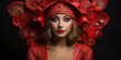 Wunderschönes Frauen Gesicht mit roten Kopfschmuck im dunklen Licht Nahaufnahme Querformat für Banner, ai generativ
