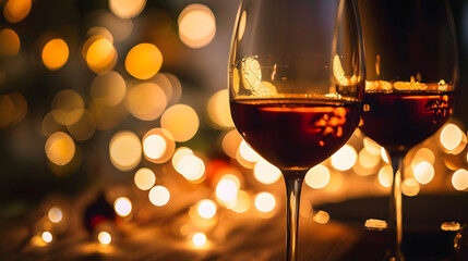 Canvas Print - 2 Red wine glasses. Christmas romantic dinner image.