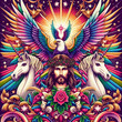 A colorful artwork of a jesus with a crown of thorns and unicorns designs prints