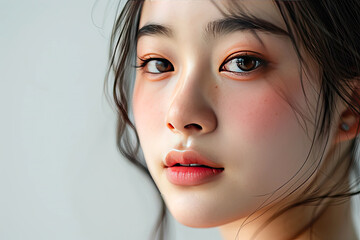 Studio portrait of a beautiful young Asian woman with cosmetics makeup or skin care on her face that makes her look pretty isolated on white transparent background.