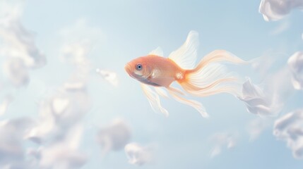  a goldfish swims in a group of white plastic bags floating in the air on a blue sky background.