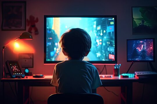 Kid playing video games room Back view child sitting front monitor Colorful lights cartoon style