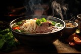Fototapeta  - Pho Bo soup with meat and noodles