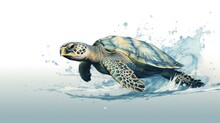  A Painting Of A Sea Turtle In The Water With A Splash Of Water On It's Back And Its Head Above The Water's Surface.