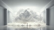 abstract background small silhouette of a man in a room among white clouds, psychology consciousness mind