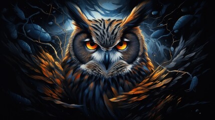 Wall Mural -  a painting of an owl with orange eyes in a dark forest with a full moon in the sky in the background.