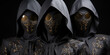 Drei Frauen in schwarz mit goldener Kutte und edler Maske verhüllt Nahaufnahme Querformat für Banner, ai generativ