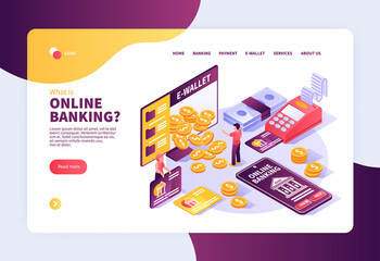 Sticker - Isometric Mobile and digital banking services landing page template