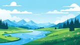 Fototapeta Pokój dzieciecy - Animated Valley with River Background with Empty Copy Space for Text - Valley with River Landscape Backdrop - Flat Vector Valley Graphic Illustration Wallpaper created with Generative AI Technology