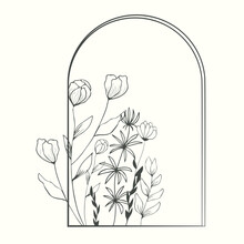 Set Of Field, Forest Flowers And Leaves, Herbal Elements Of Wild Herbs FRAME, BACKGROUND In An Arch. Hand Drawing. For Stylized Background Decor, Postcards, Print, For Editing,