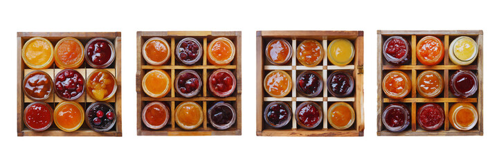 Wall Mural - Collection Set of Wooden box full of jam bottle, top view, isolated over on transparent white background