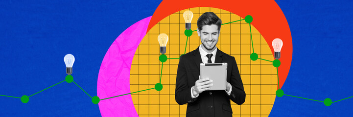 Poster - Collage creative poster panorama black white filter handsome excited young man look tablet idea clever analysis data colorful background