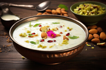 Indian sweet dessert basundi or rabri or rabdi in bowl. made from condensed milk and dry fruits.