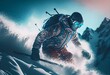 Generative Ai image of athlete in outerwear skiing down snowy mountain near picturesque ridge on sunny day