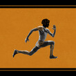 © master1305 - Young athletic man, runner with ancient drawn head, athlete in motion, running over yellow background. Contemporary art collage. Concept of sport, tournament, competition, ancient Greek style