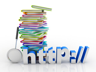 Poster - 3d rendering students education book with http near lens