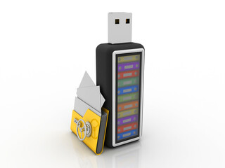 Poster - 3d rendering office document Binder with pen drive near folder lock
