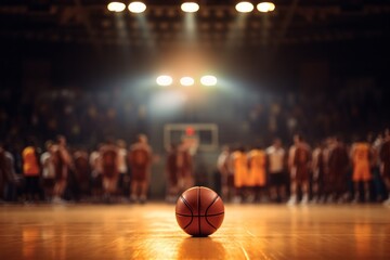 A basketball on a court with the spotlight and a cheering crowd in the background