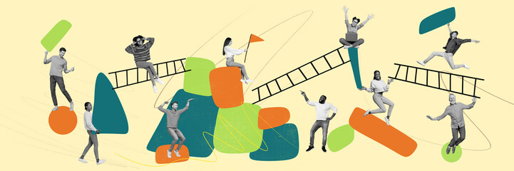 Poster - Creative collage picture illustration monochrome effect excited happy joyful young man woman hold ladder panorama team work colleagues