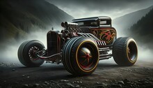Beautiful Hot Rod Vintage Black Car, Automotive Wallpaper, Background, Template