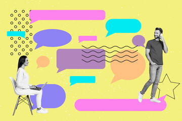 Fototapete - Bright poster picture collage of two people lady guy using different device for communication
