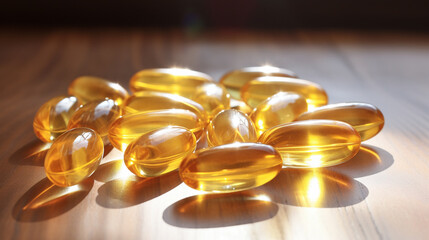 Wall Mural - Omega-3 fish oil capsules on a dark wooden background. selective focus. Generative AI,