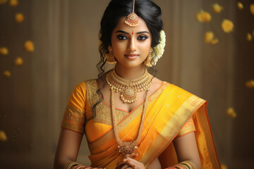 Canvas Print - indian bride wearing traditional saree and gold jewelry
