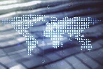 Poster - Abstract creative world map interface on blurry abstract metal background, international trading concept. Multiexposure