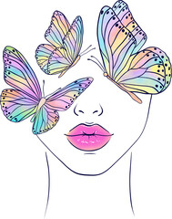 Canvas Print - Woman face and butterflies. Modern fashion illustration. Digital watercolor.