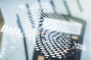 Aufkleber - Double exposure of virtual creative fingerprint hologram on calculator and papers background, protection of personal information concept