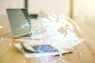Aufkleber - Multi exposure of abstract graphic coding sketch and world map on blurry calculator and computer background, big data and networking concept