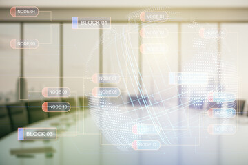 Poster - Double exposure of abstract creative programming illustration and world map on a modern boardroom background, big data and blockchain concept