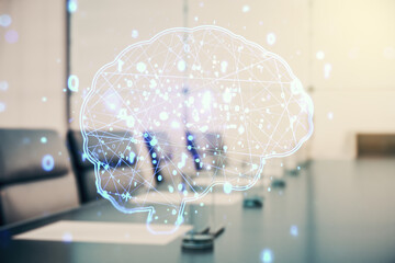 Poster - Double exposure of creative artificial Intelligence interface on a modern meeting room background. Neural networks and machine learning concept