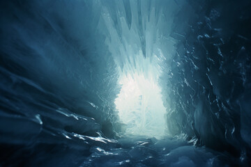 Fototapete - Exploration of an ice cave, with intricate ice formations and the interplay of light, showcasing the hidden wonders beneath glaciers.