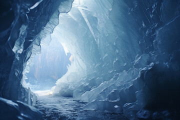 Poster - Exploration of an ice cave, with intricate ice formations and the interplay of light, showcasing the hidden wonders beneath glaciers.