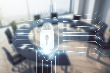 Poster - Double exposure of virtual creative lock hologram with chip on a modern meeting room background. Information security concept
