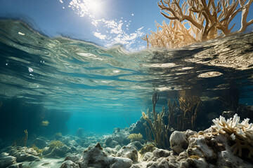 Fototapete - Underwater photograph highlighting coral bleaching, drawing attention to the environmental challenges faced by coral reefs.